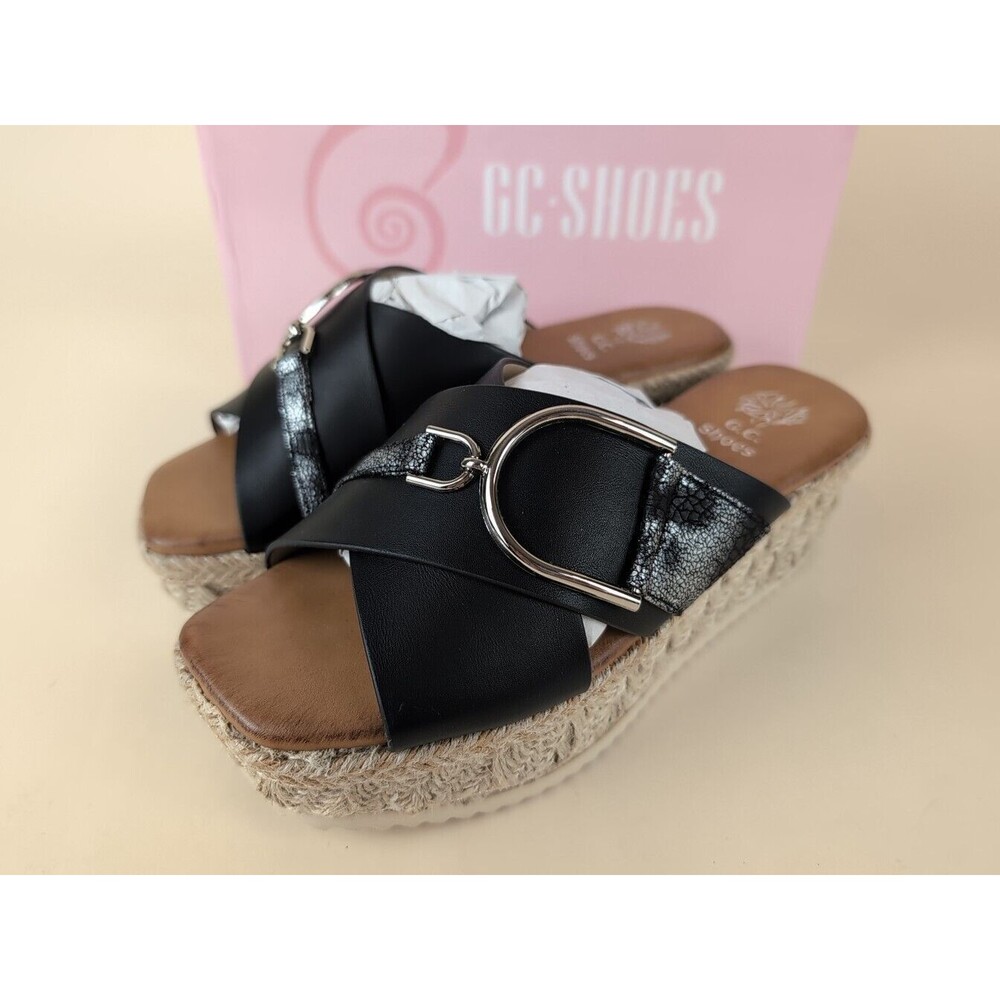 GC Shoes Lindsey Espadrille Wedge Sandals Womens 6 M Black Buckle Strap NWB - Picture 8 of 13